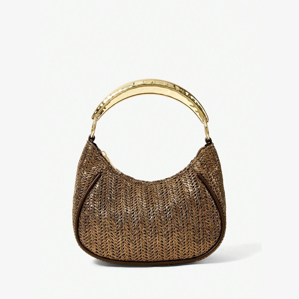 Bronze Woven Chevron Hobo Bag with Gold Metal Top Handle